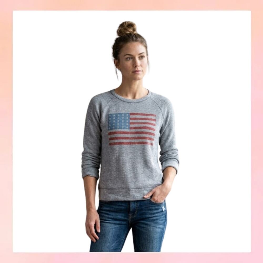 Lucky Brand Grey Distressed American Flag Graphic Sweatshirt Large L
